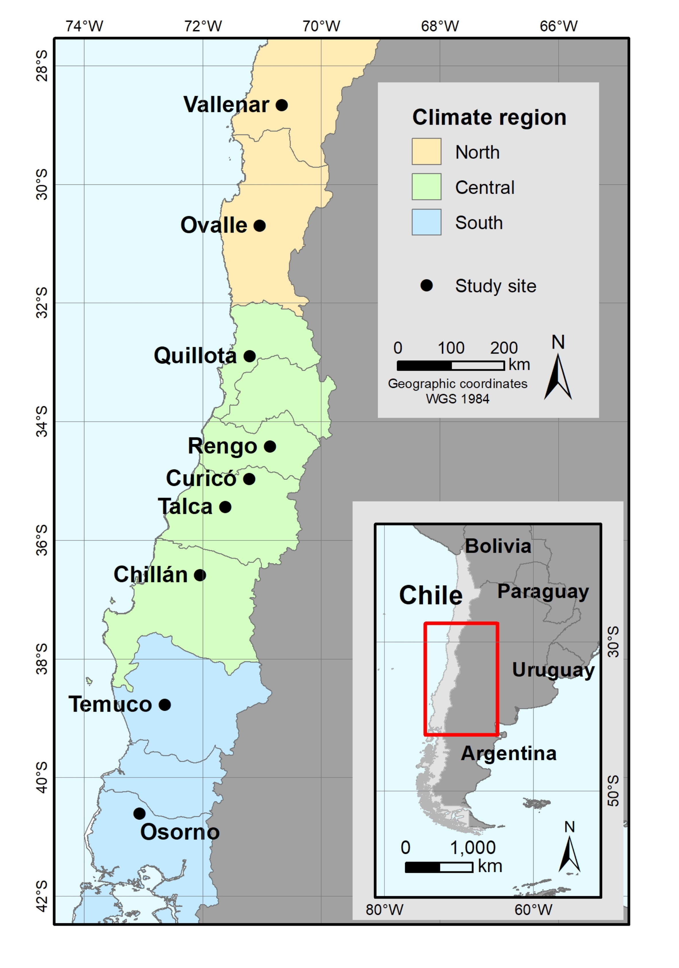 Map of fruit growing locations in Chile