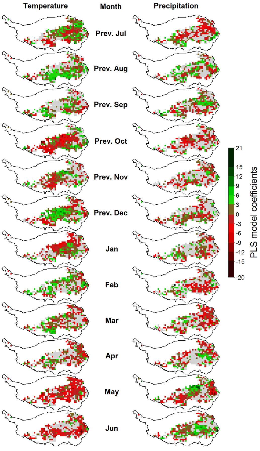 Correlations of monthly temperatures (left) and precipitation (right) with the beginning of the growing season (BGS) on the Tibetan Plateau, according to Partial Least Squares (PLS) regression