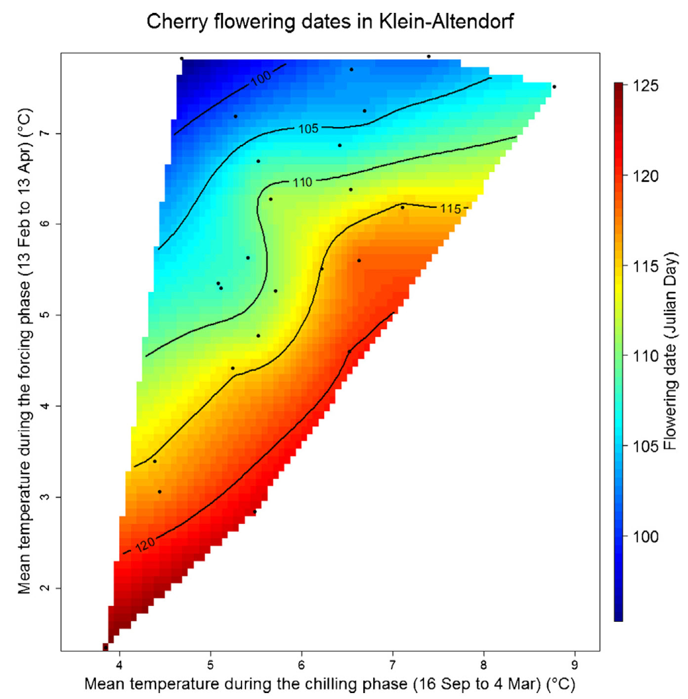 Bloom dates of cherries ‘Schneiders späte Knorpelkirsche’ in Klein-Altendorf, as a function of mean temperatures during the chilling and forcing phases Luedeling et al., 2013a