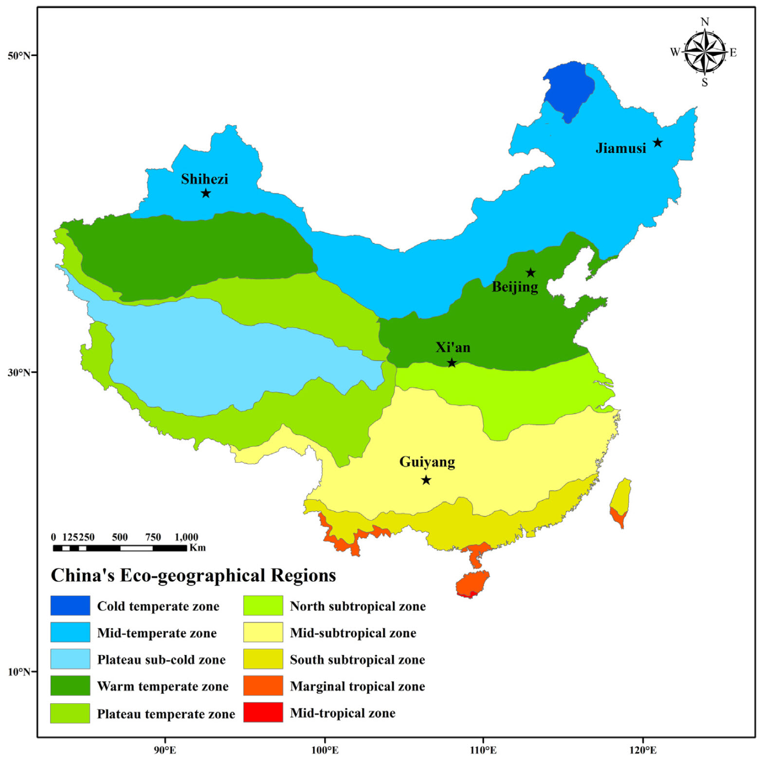 Study locations in China used to study phenology responses to temperature across a temperature gradient Guo et al., 2015a